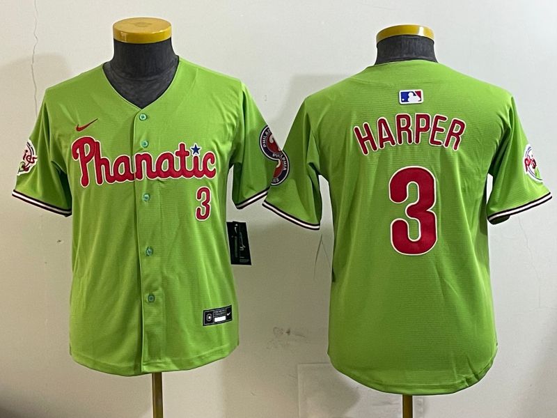 Youth Philadelphia Phillies #3 Harper Green Second generation Nike 2025 MLB Jersey style 1